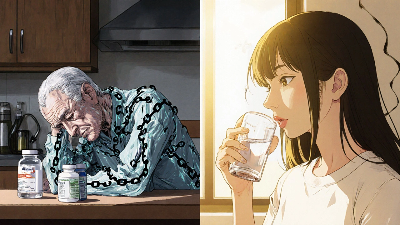 An elderly man burdened by dark chains versus a young woman bathed in light, taking a safe antihistamine.