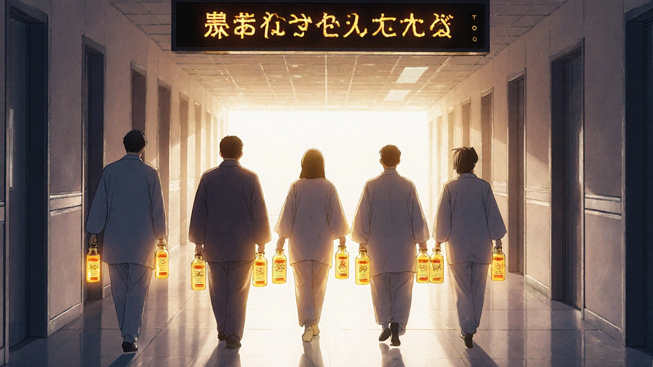 Diverse patients walking with biosimilar vials, glowing with equal efficacy to original biologics