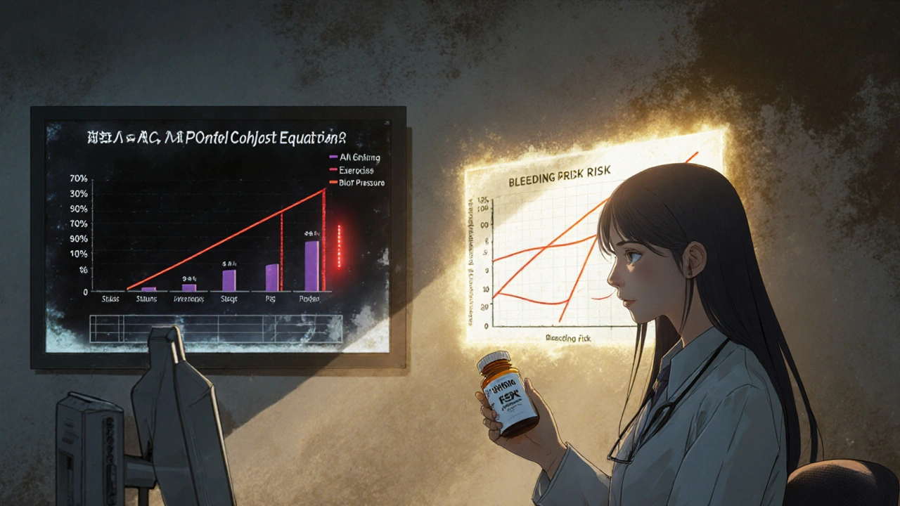 Doctor and patient reviewing heart risk calculations on a screen, with alternative health paths glowing beside them.