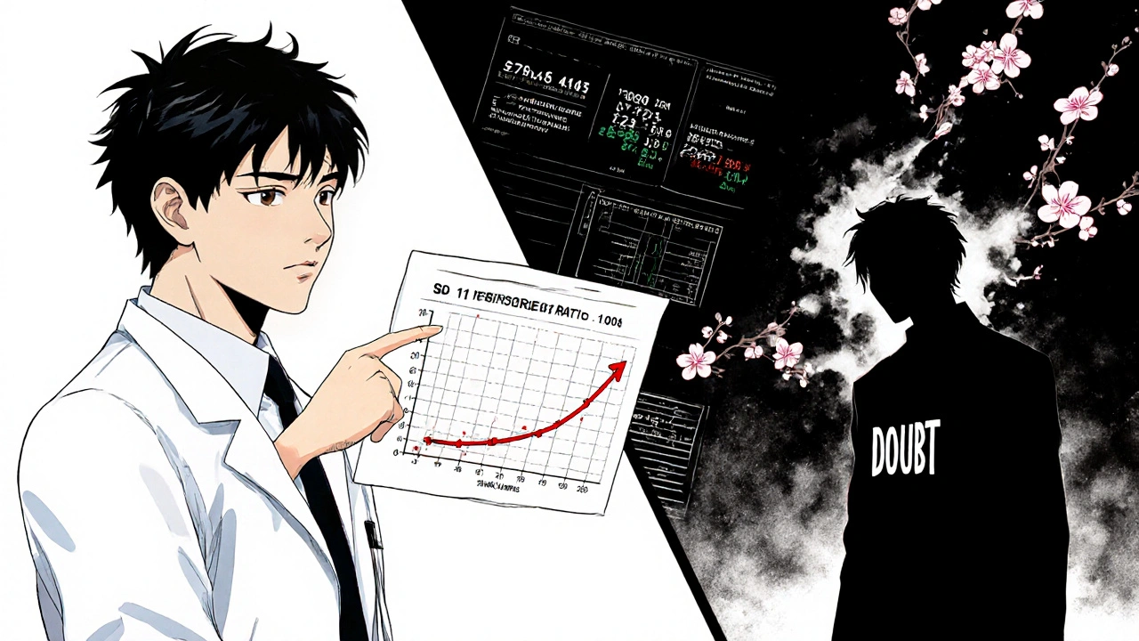 Doctor presenting clinical data as doubt dissipates into glowing data streams