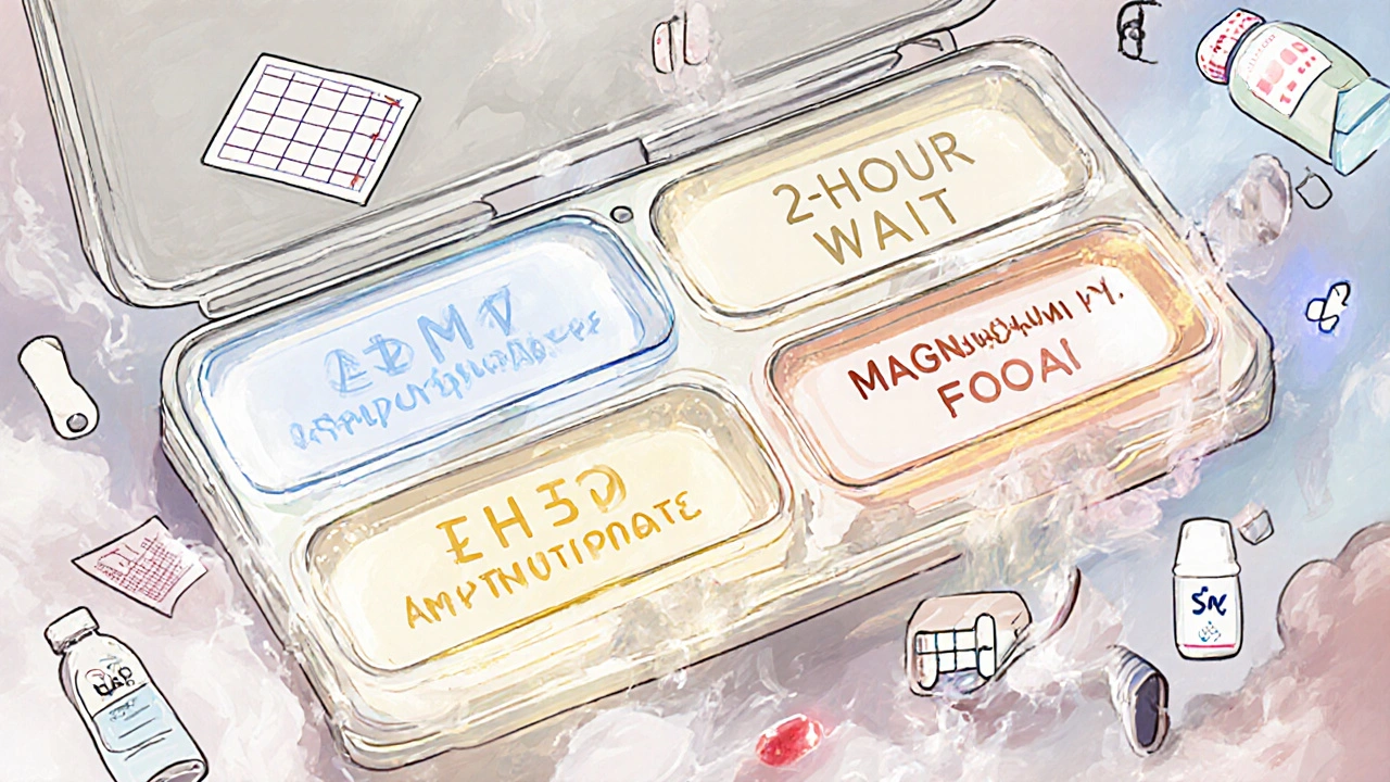 Four-compartment pill organizer glowing with timed medication slots and floating medical icons.