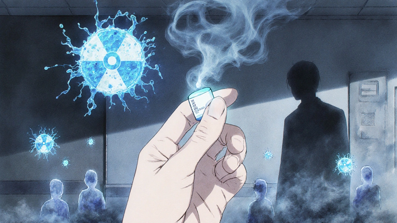 Hand holding radioactive iodine pill in dim hospital room, ghostly thyroid cells dissolving, smoking shadow in corner.