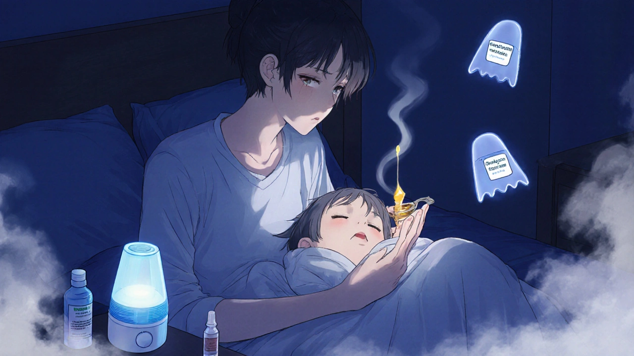 Parent holding sleeping child, glowing honey spoon beside humidifier, ghostly pills dissolving into smoke.