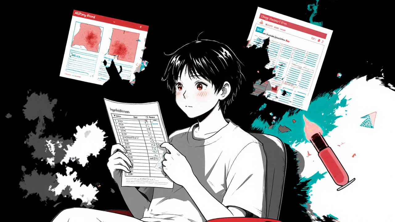 Patient holding an allergy record as their shadow transforms into medical history and a skin test.