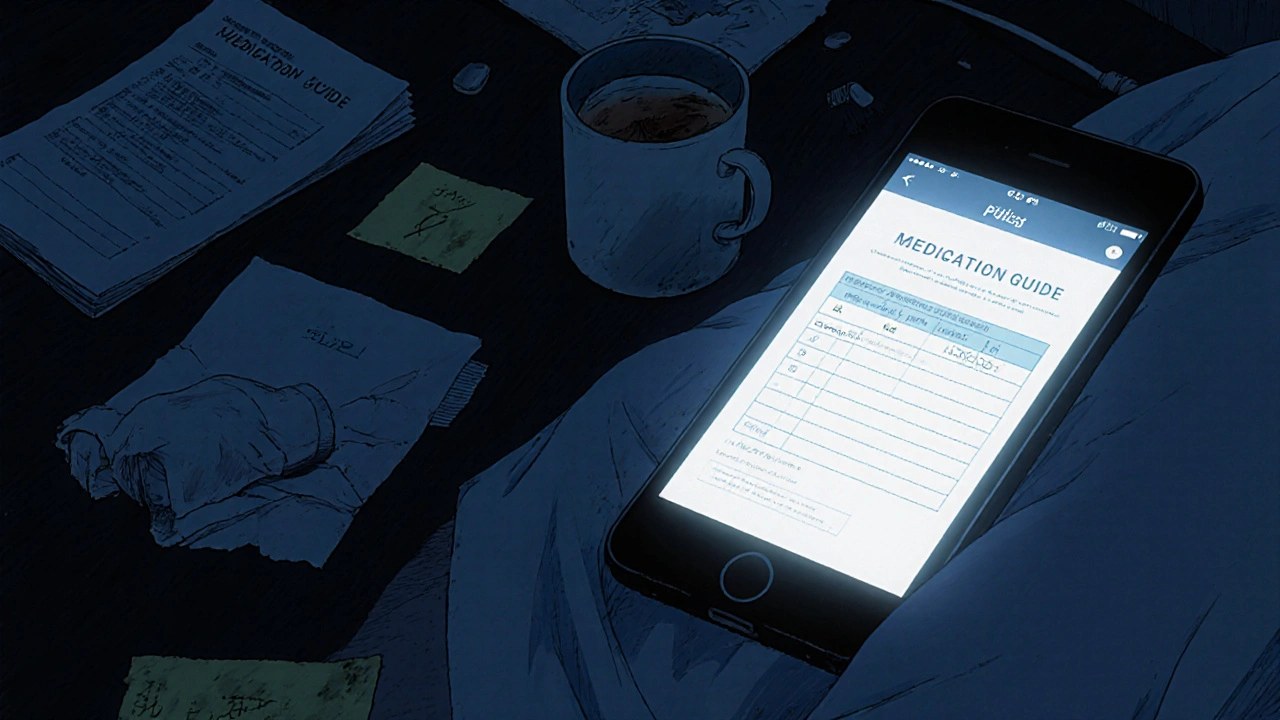 Patient viewing a digital Medication Guide on phone in a dimly lit room