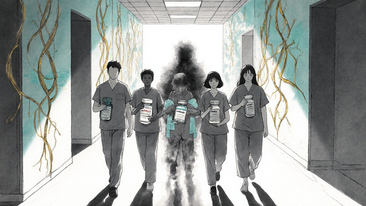 Patients walk down a corridor with modern HIV pills as a fading Viramune figure dissolves into ash.