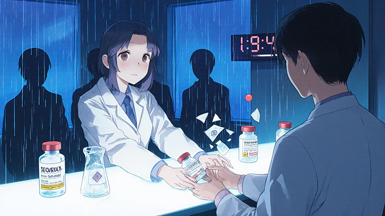 Pharmacist handing a vial to a patient as generic pills morph into broken versions, with flickering INR readout in background.