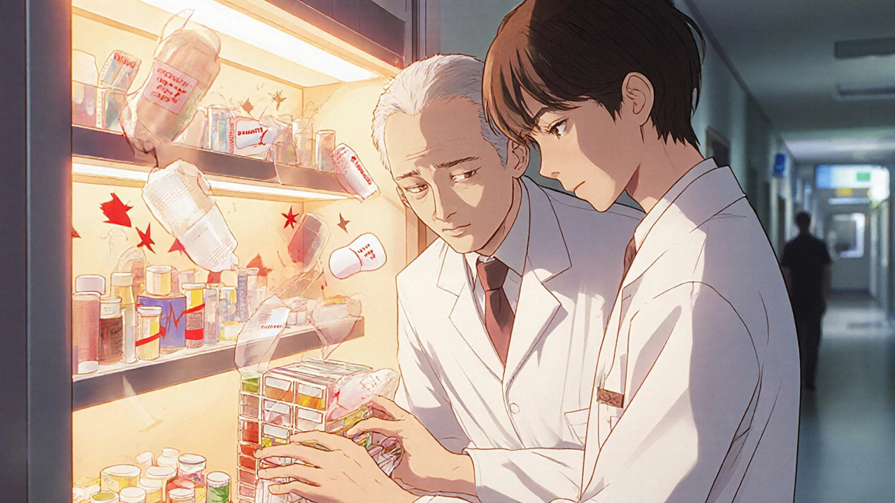 Pharmacist helping senior organize pills, ghostly drug warnings floating in the background.