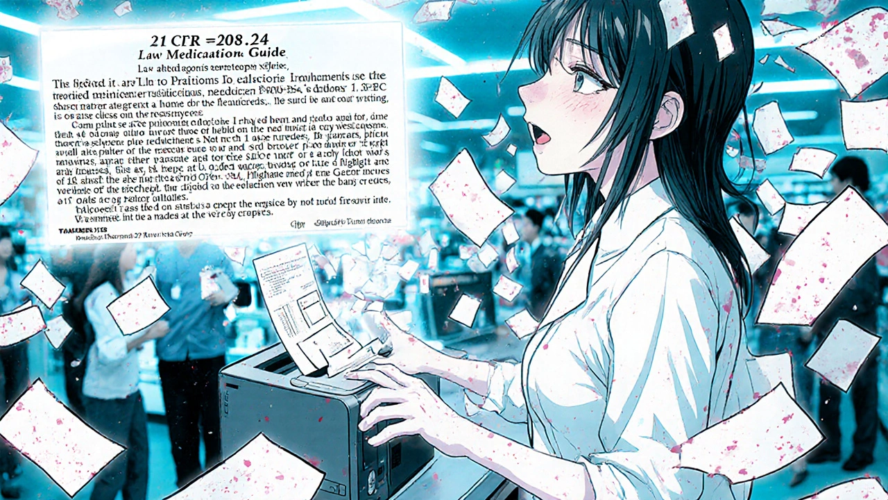 Pharmacist printing a Medication Guide amid chaotic pharmacy environment