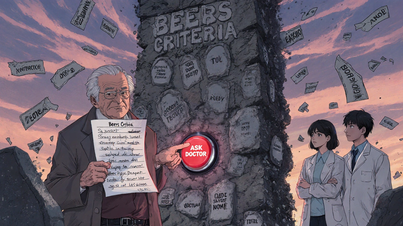 Senior facing a wall of dangerous drug names, reaching for a button labeled &#039;ASK DOCTOR.&#039;