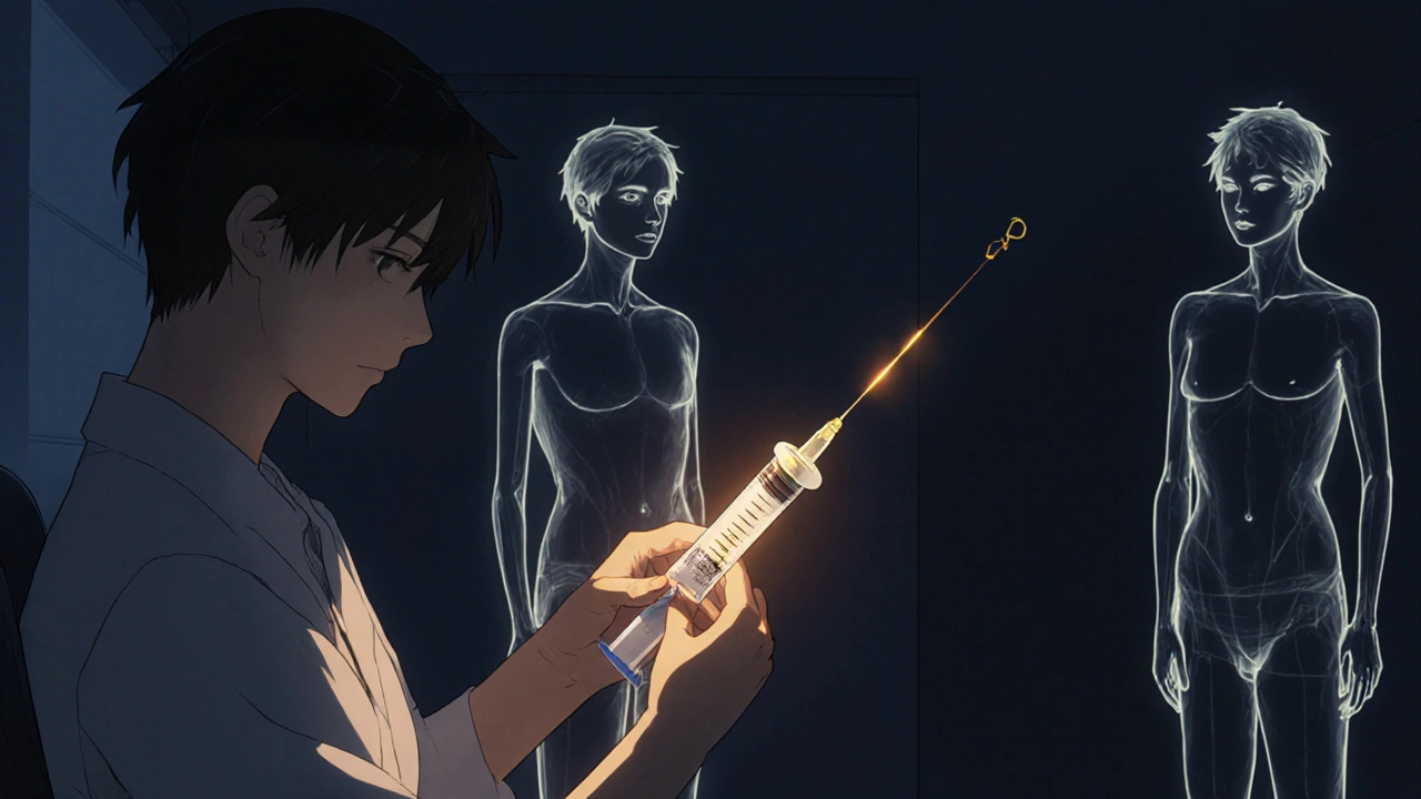 Someone receiving a long-acting HIV injection with glowing energy, flanked by past and future selves.