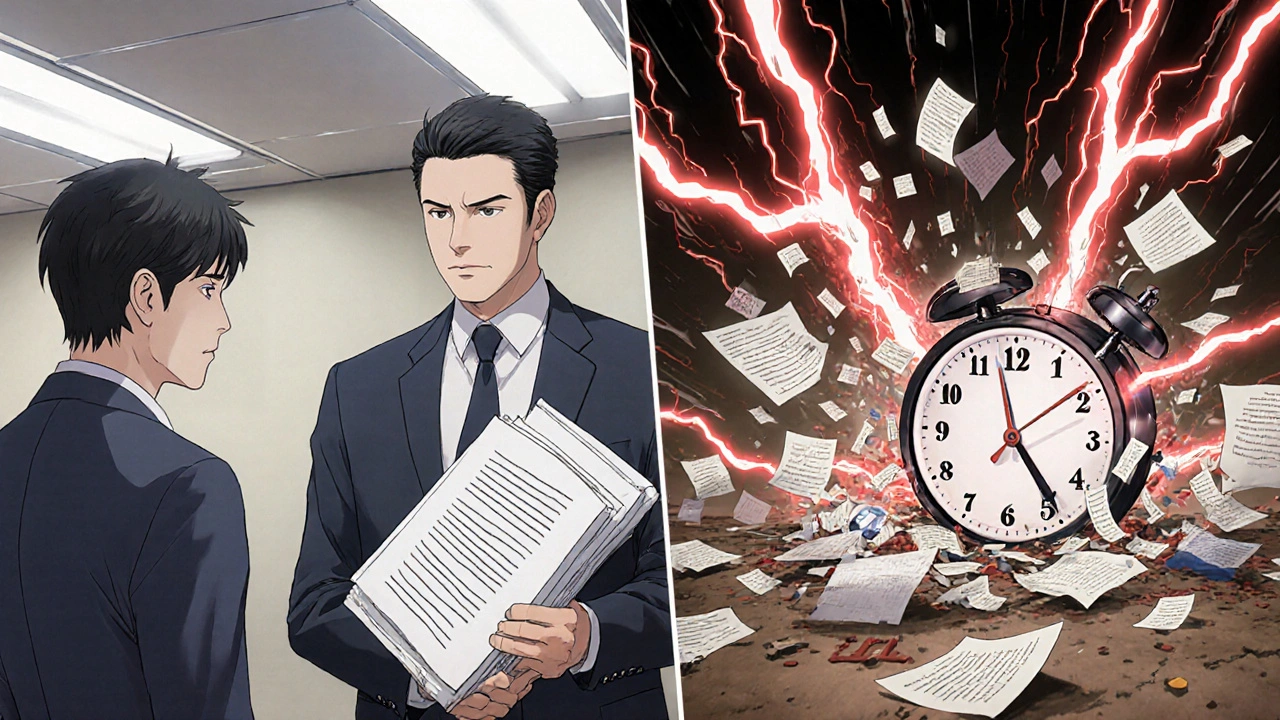 Split scene: a generic drug applicant presenting to an FDA inspector, with chaos erupting into digital fragments and patent lightning.