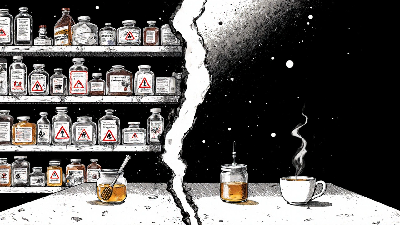 Split scene: cluttered pharmacy vs. simple kitchen with honey and saline, dawn light highlighting the choice.