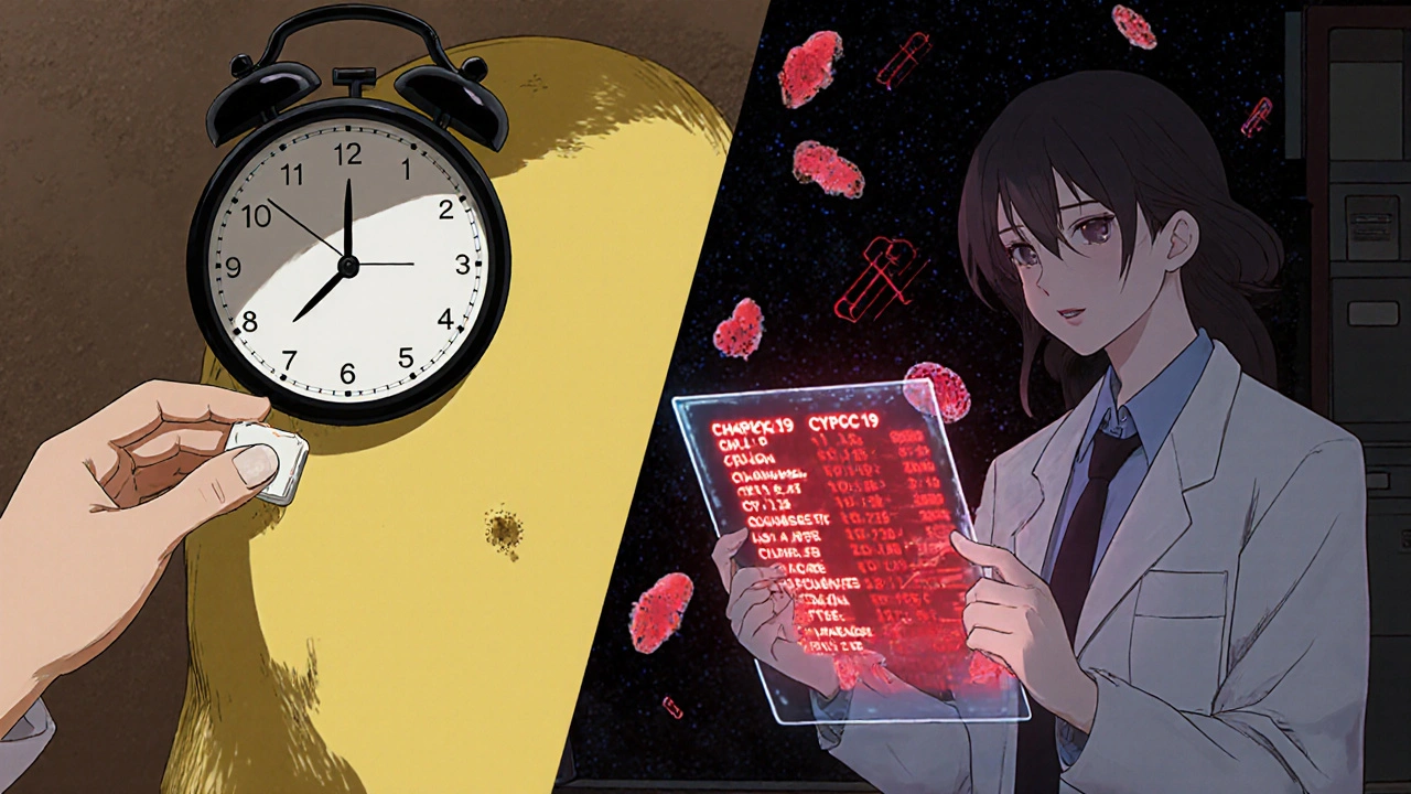 Split scene: person turning yellow from terbinafine on one side, doctor reviewing genetic data on the other, liver cells under siege.