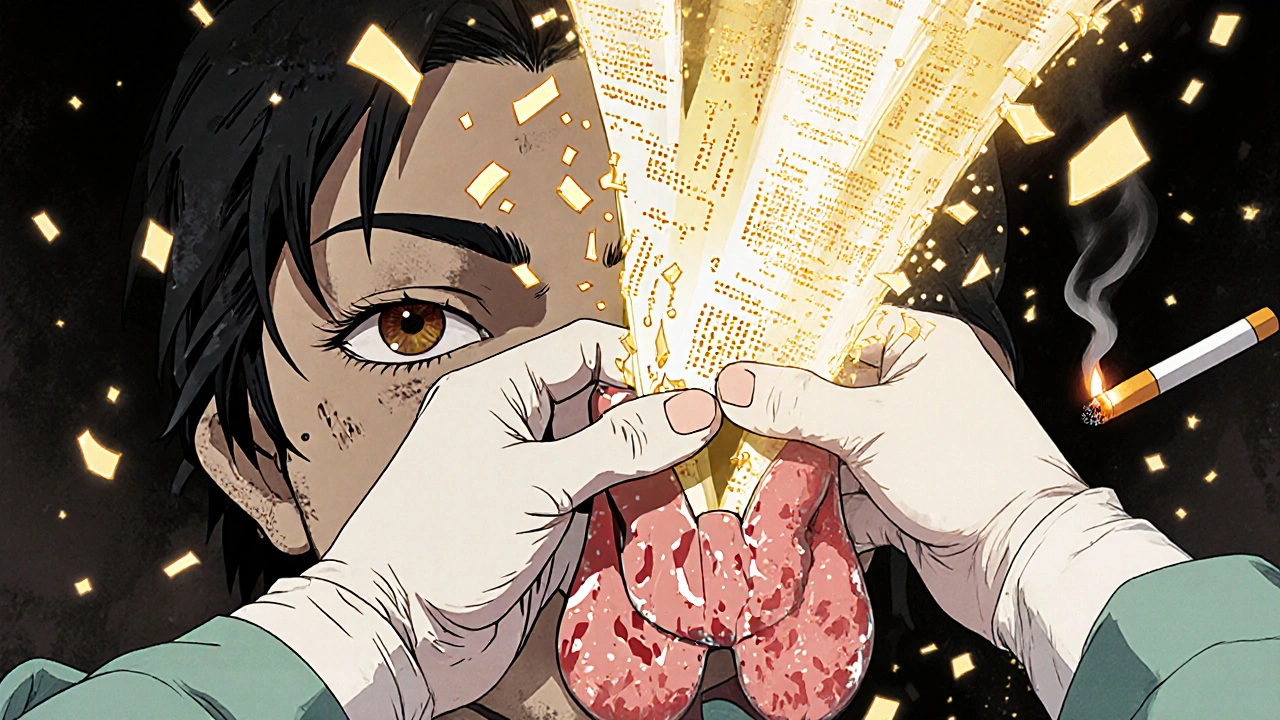 Surgeon removing thyroid as golden light and shattered antibodies explode, patient&#039;s eyes healing, cigarette burning out.