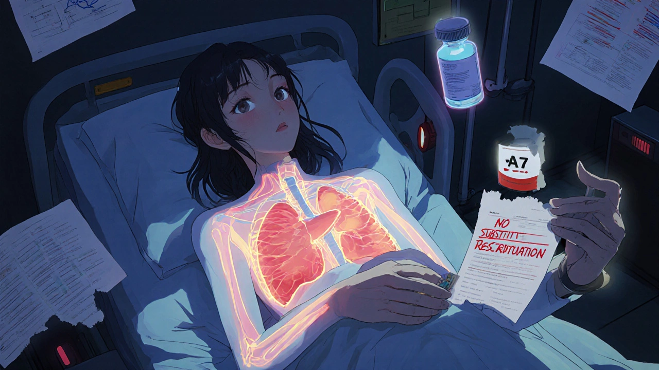 Translucent patient in hospital bed with glowing organs and floating medical alerts, clutching a &#039;No Substitution&#039; prescription.