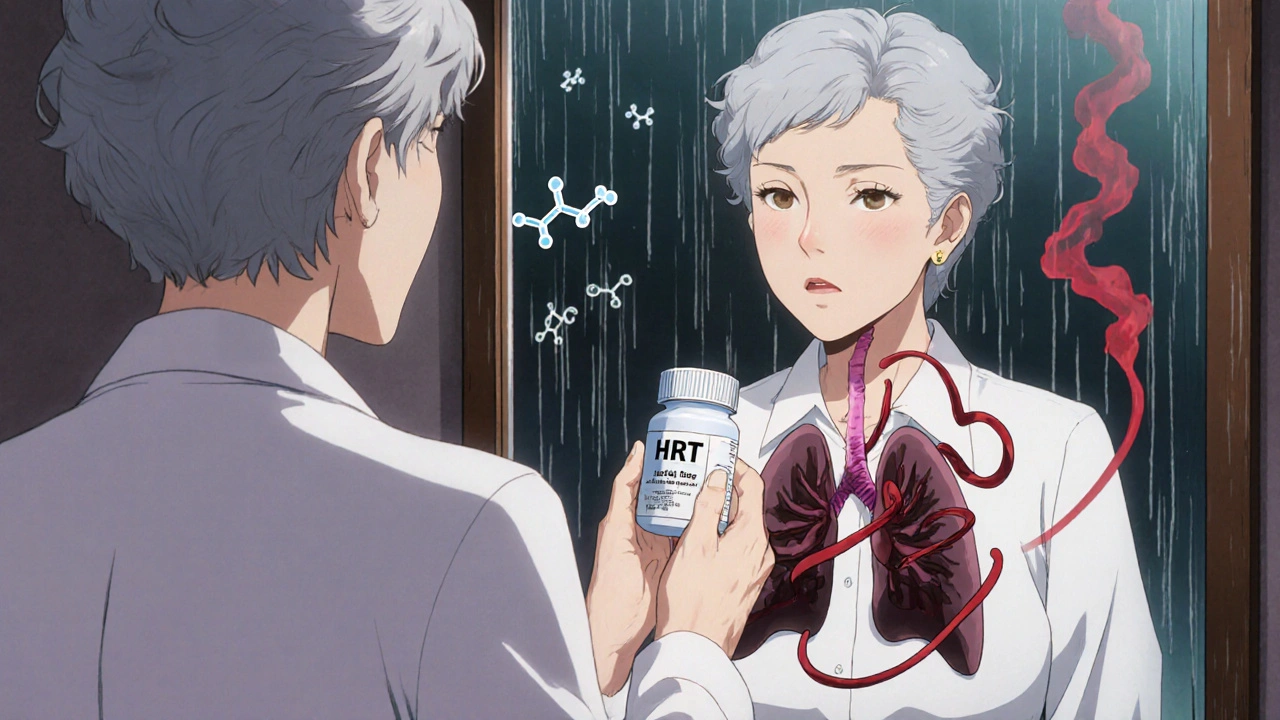 Woman holding HRT pill bottle, reflection shows blood tendrils spreading to her lungs, rain on window.