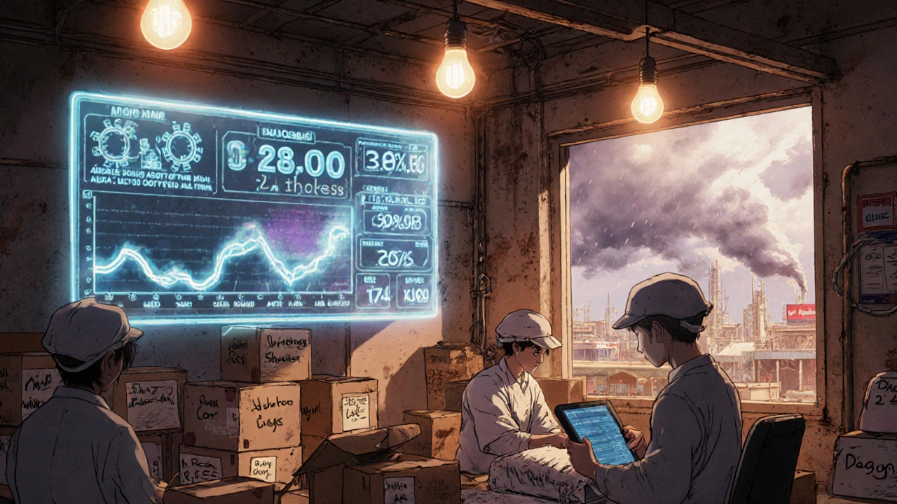 Workers pack antibiotics in a warehouse with a glowing dashboard showing real-time drug cost fluctuations.