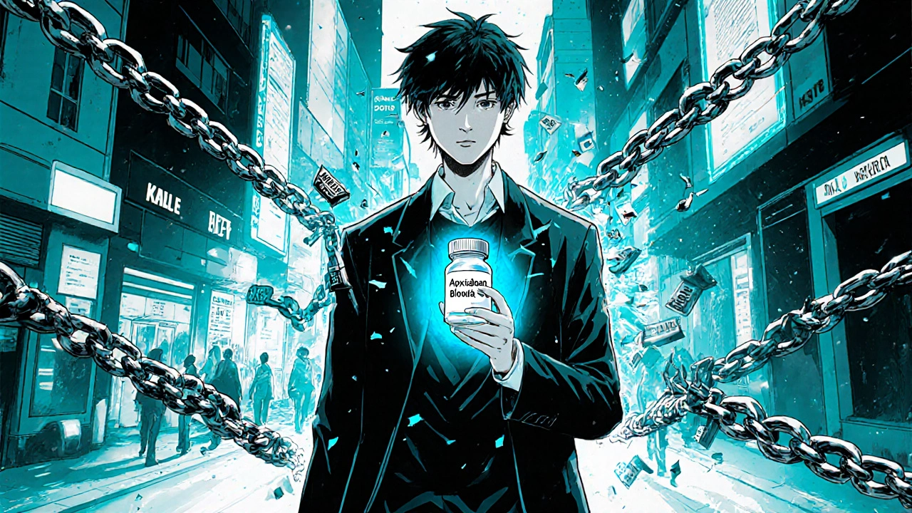 Young man walking past shattered reminders of warfarin restrictions, glowing with safety.