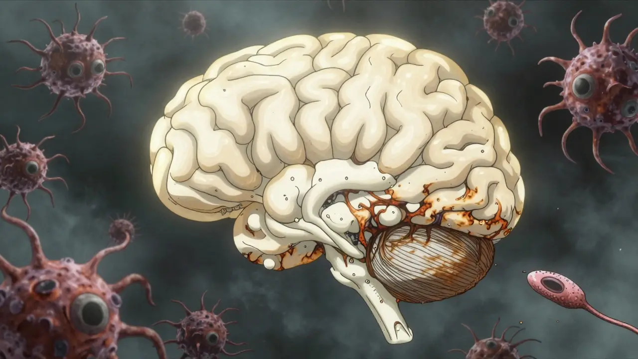 A brain section showing creeping neurodegeneration as rust-like decay, microglia as twisted figures, and fading nerve signals.