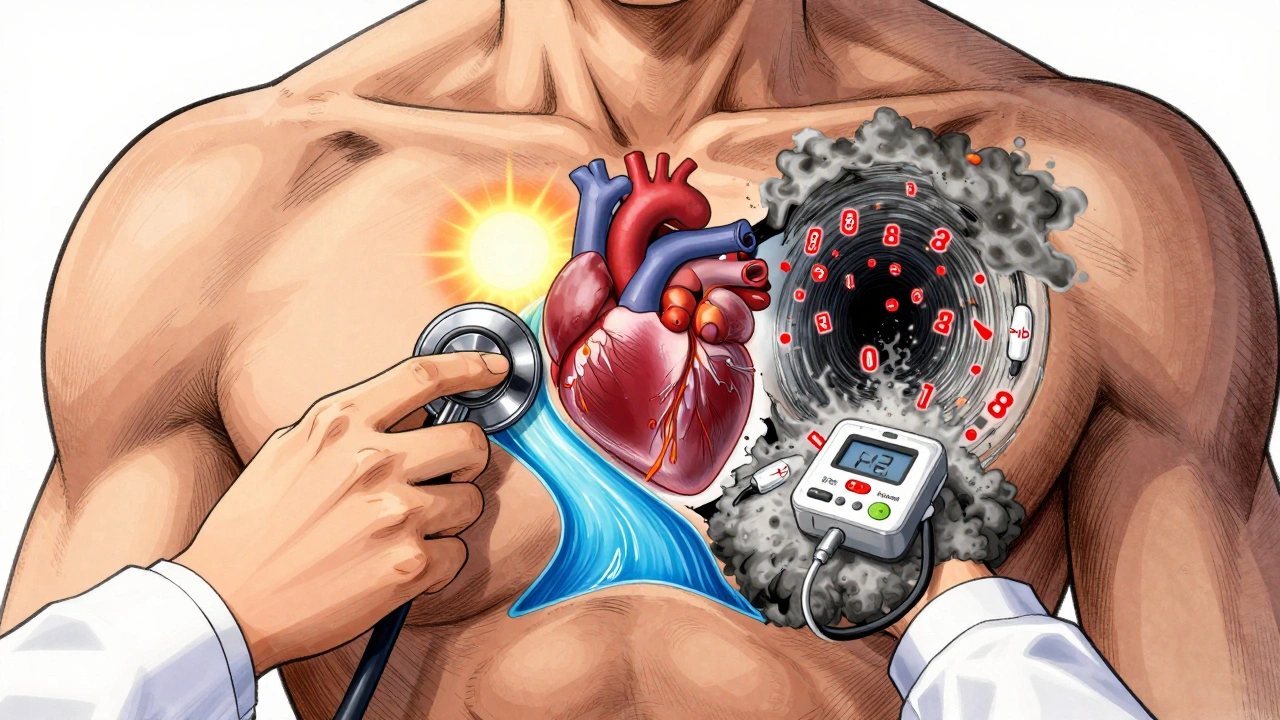 A cardiologist&#039;s stethoscope revealing two paths: one leading to health, the other to collapse.