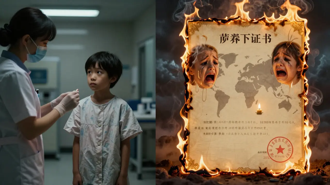 A child receives a generic HIV pill while a patent certificate burns, its smoke forming crying faces.