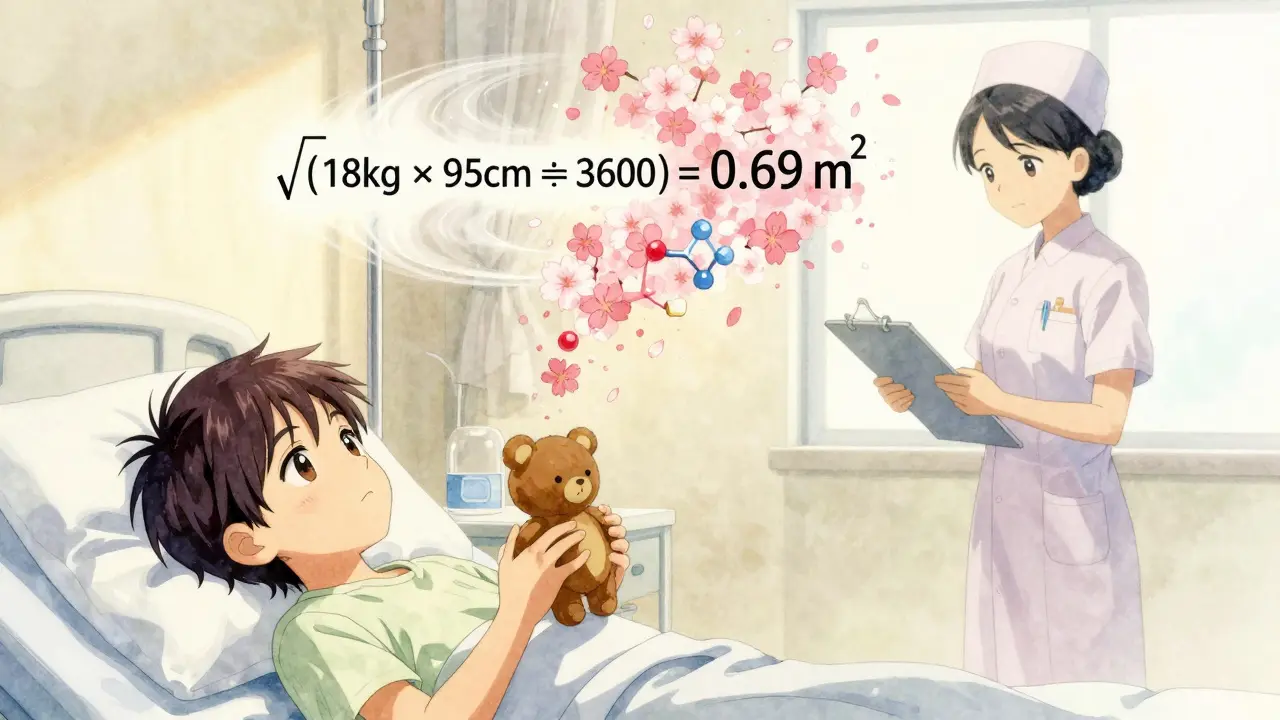 A child’s hand holding a toy bear as a floating body surface area calculation dissolves into petals and molecules above a hospital bed.