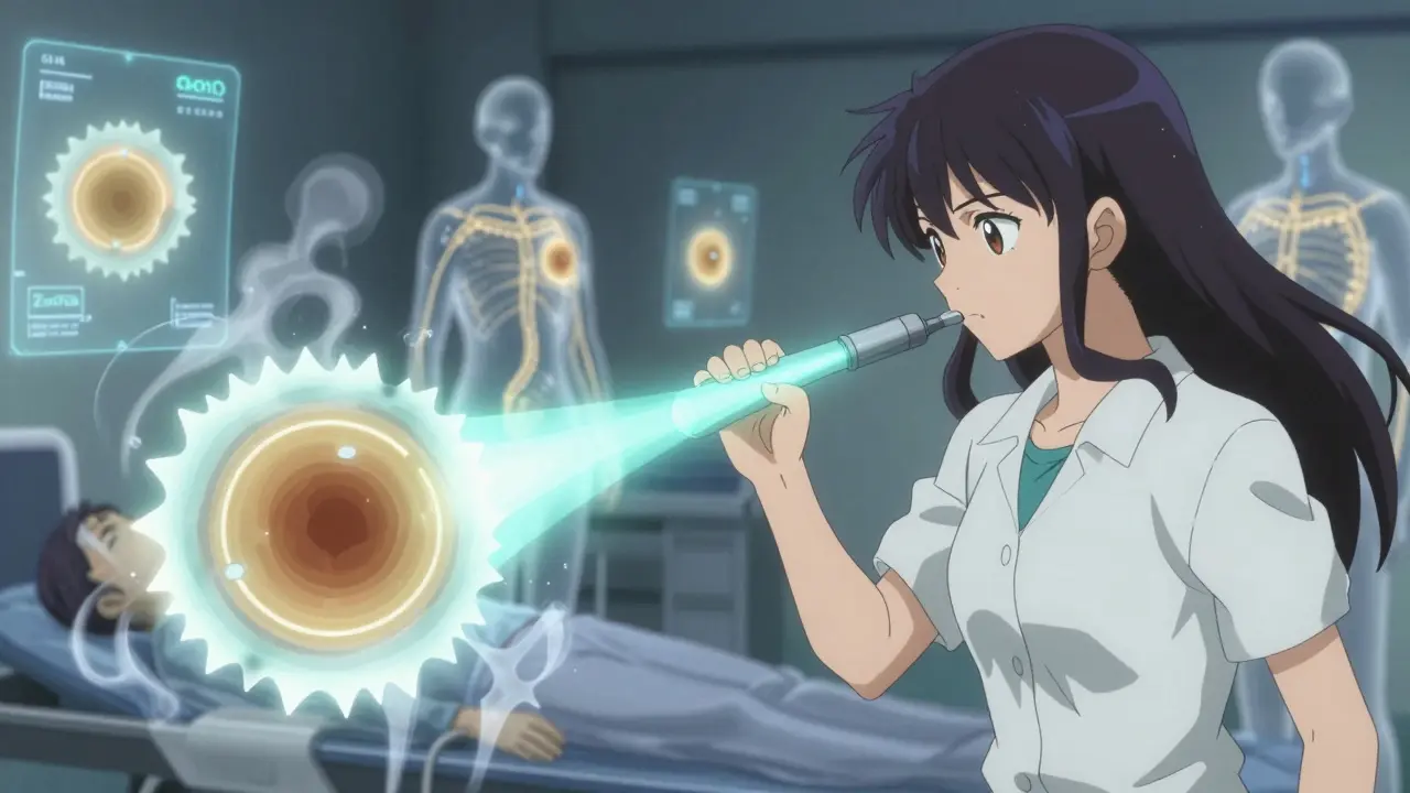 A colonoscopy probe targeting hidden serrated polyps with AI markers glowing in a dreamlike medical landscape.