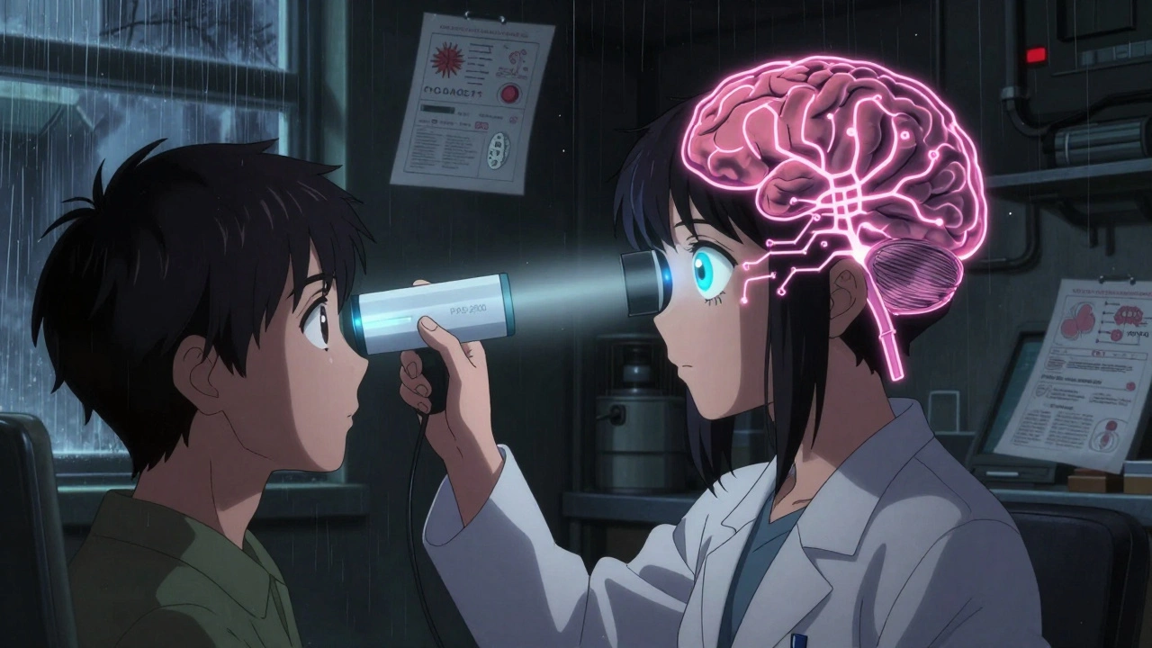 A doctor uses a light-sensing device as glowing neural pathways connect a patient&#039;s eye to their brain, medical symbols floating nearby.