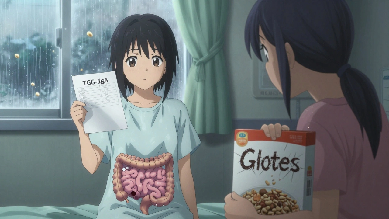 A girl holding a blood test result, her transparent body revealing a damaged intestine, mother clutching gluten-free cereal.