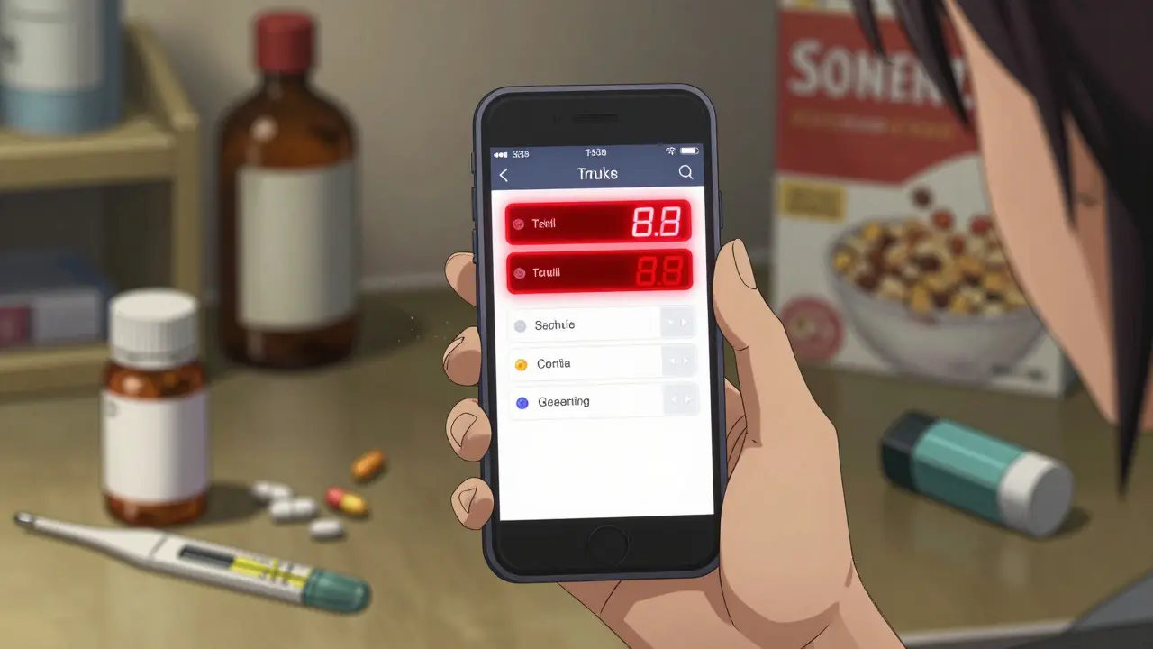 A hand holding a phone with red expiration alerts, surrounded by pill bottles and a thermometer showing high temperature.