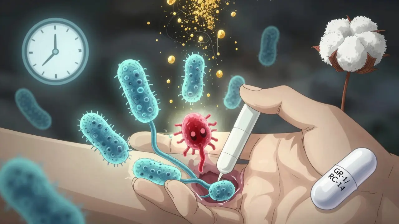 A hand inserting a suppository into a glowing vaginal ecosystem, with healthy bacteria and dangerous yeast spores in contrast.