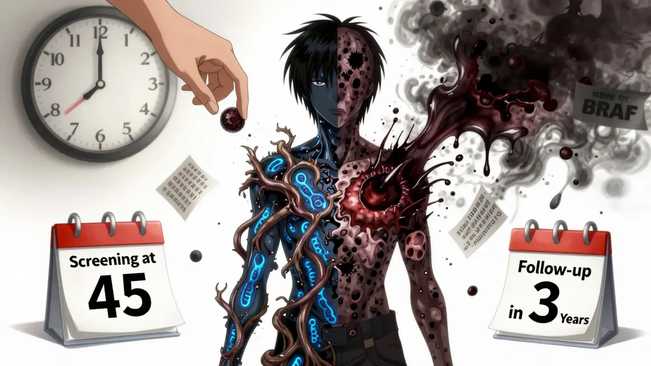 A human silhouette split between adenoma and serrated lesion mutations, with medical timelines fading into ash.