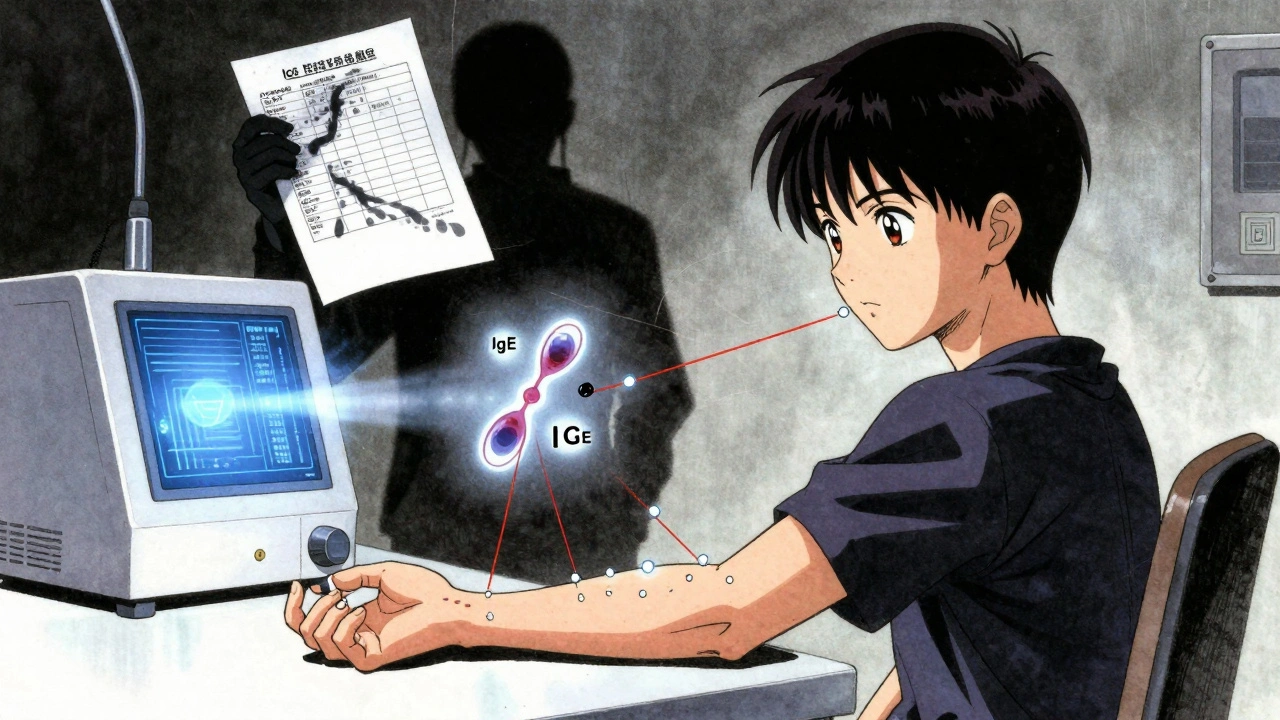 A medical setting showing a skin prick test with glowing allergens and IgE antibodies, while a fraudulent test dissolves into static.