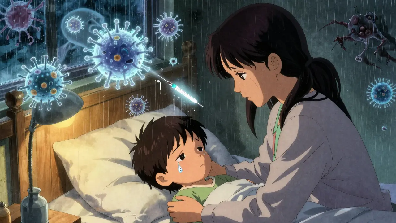 A mother holds a sick child as ghostly viruses and bacteria fight above them, a flu shot glows in the air.