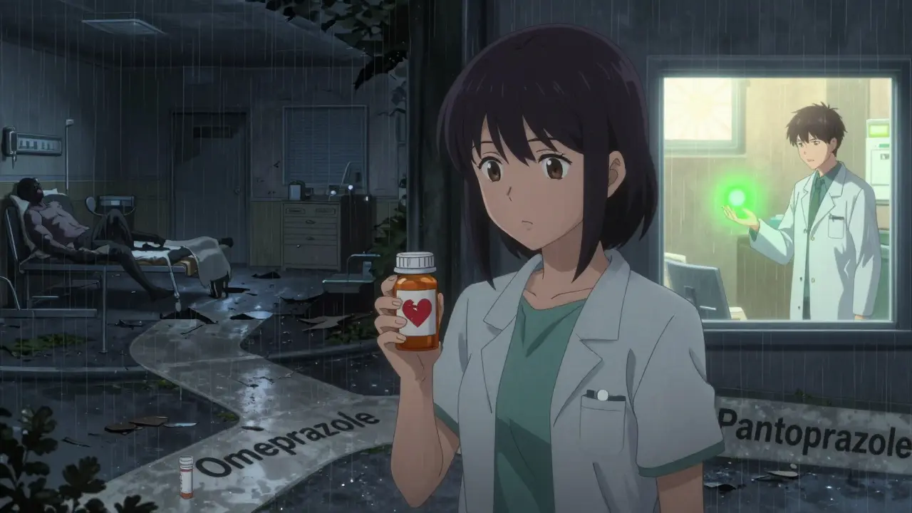 A patient at a crossroads between dangerous and safe PPI choices, with contrasting medical environments.