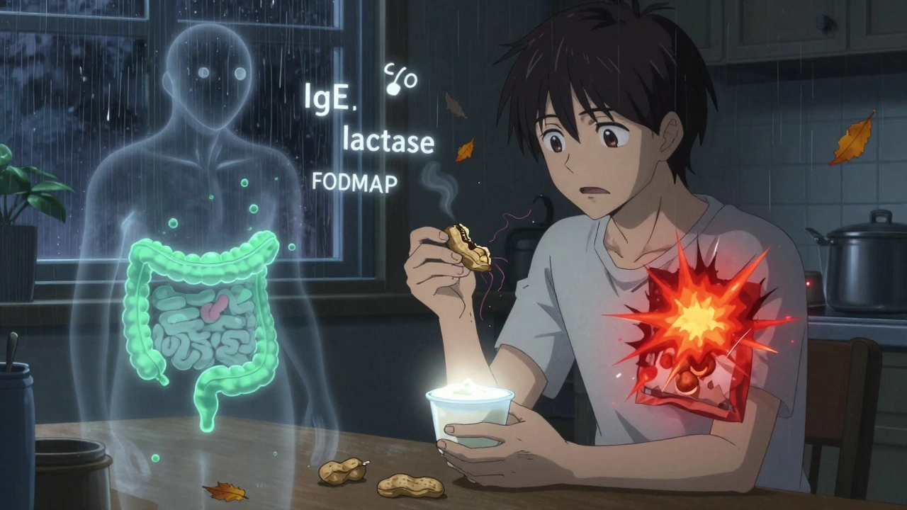 A person at a kitchen table with yogurt and peanuts, their internal digestive and immune systems visually split into glowing contrasting forces.