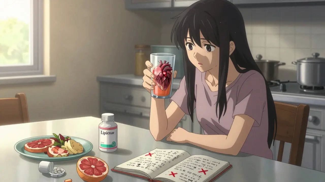 A person drinks grapefruit juice beside statin pills; their reflection shows a corrupted, pulsing heart.