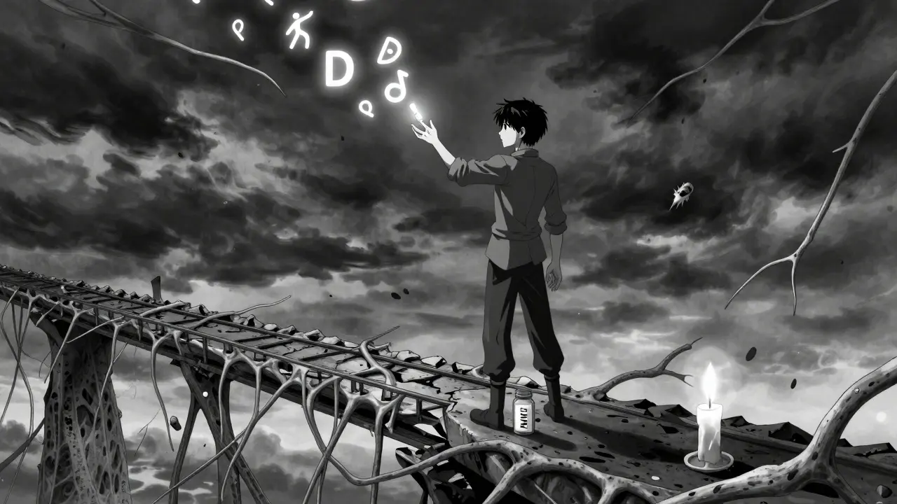 A person on a crumbling nerve bridge holding a pill, reaching toward symbols of lifestyle health against a stormy sky.