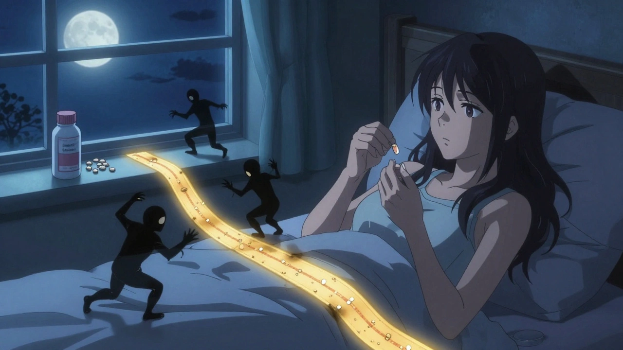 A person taking thyroid medication at night with iron and calcium supplements safely distant under moonlight.