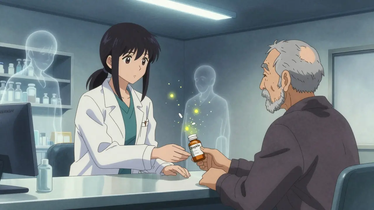 A pharmacist hands a new digoxin bottle to an elderly patient while expired pills dissolve into ash behind them.