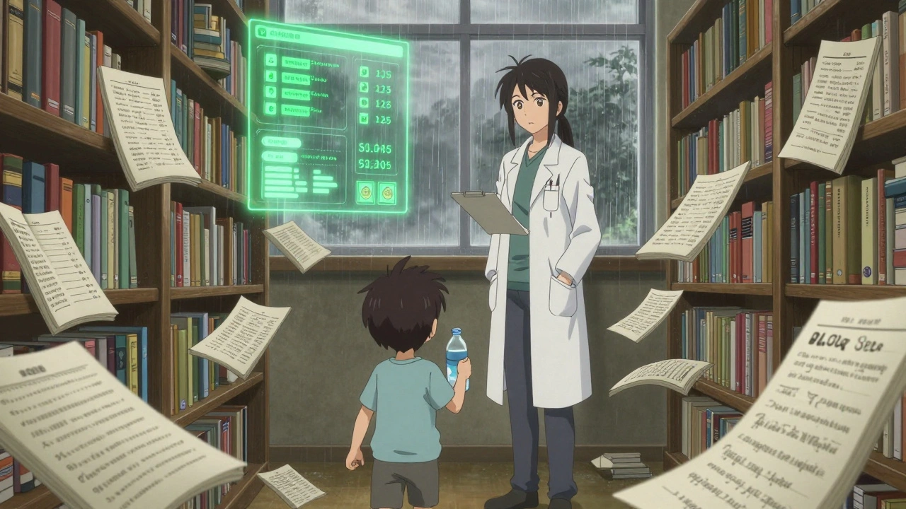 A pharmacist surrounded by floating prescriptions and an AI alert system, with a patient holding water and a medication list.