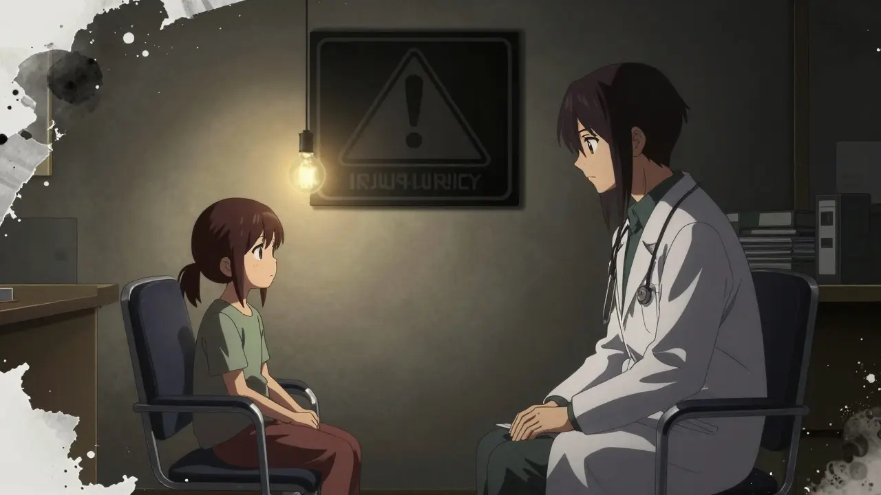 A psychiatrist and mother sit across from each other in a dim office, a black box warning shadow looms behind them.