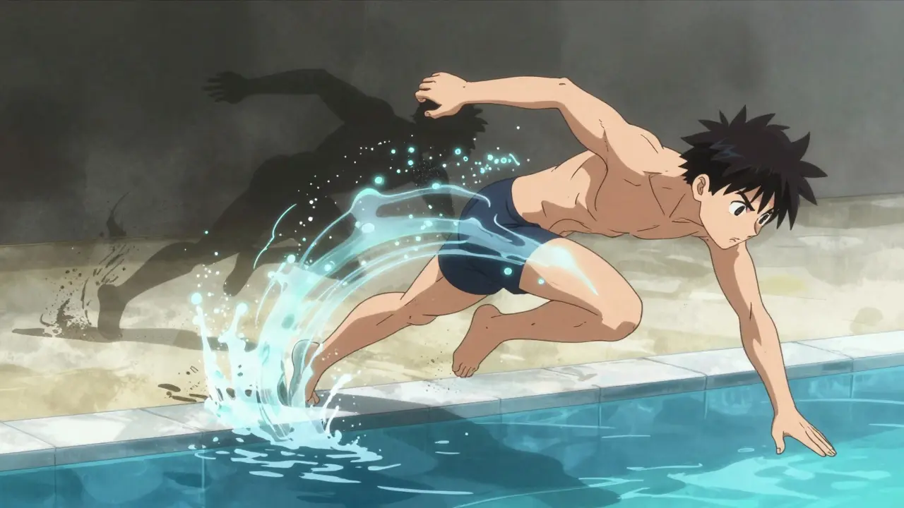 A runner transitioning to swimming, water currents protecting their hip joint with glowing particles.