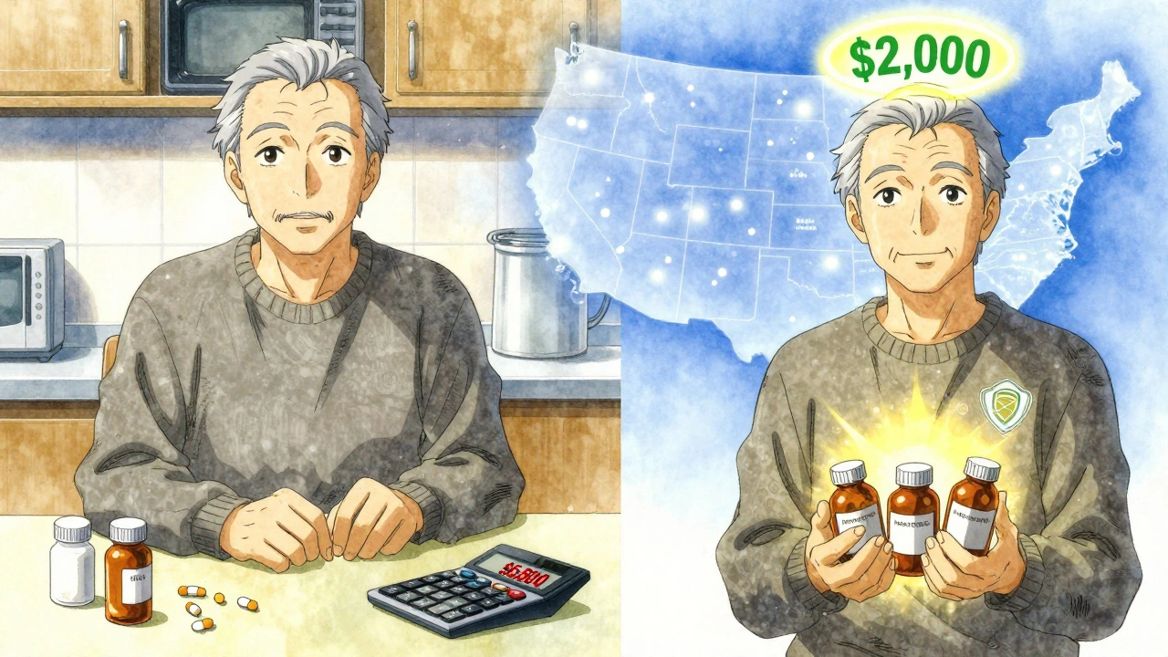A senior man beside pill bottles, transitioning from ,800 in expenses to a ,000 cap with a Medicare halo.