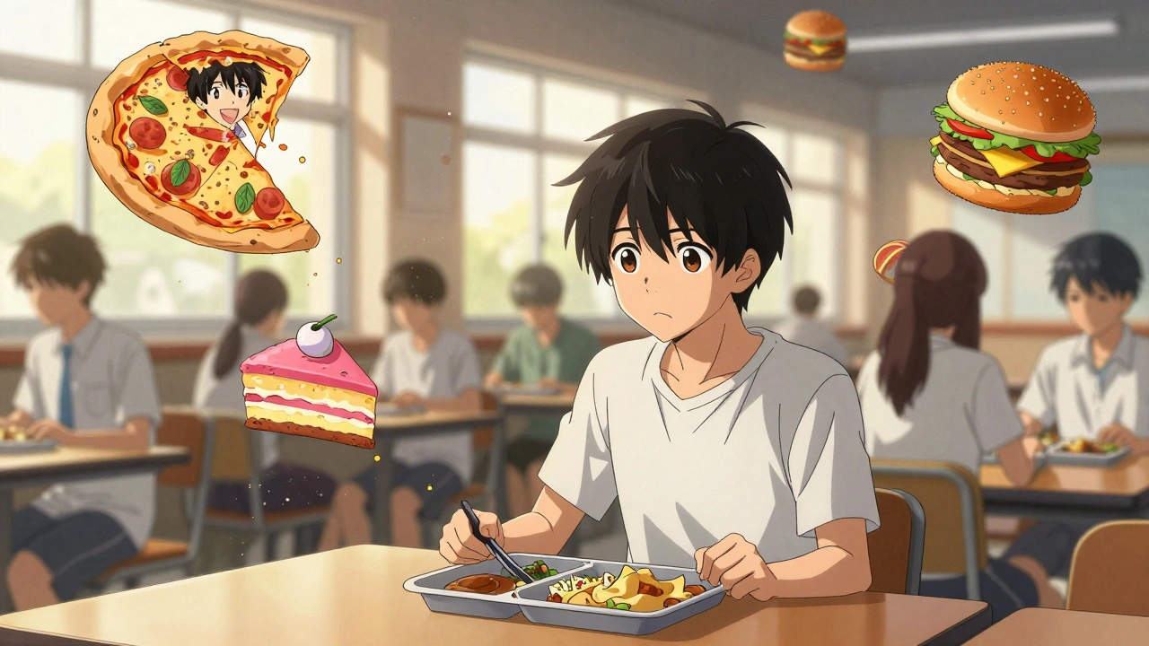 A teen at school eating gluten-free food while ghostly images of forbidden foods hover around them.