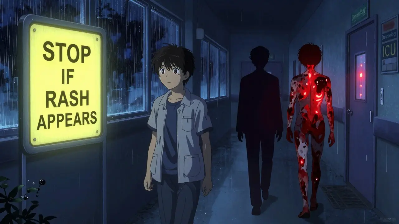 A teen walks away from a warning sign, their shadow splitting into healthy and injured forms.