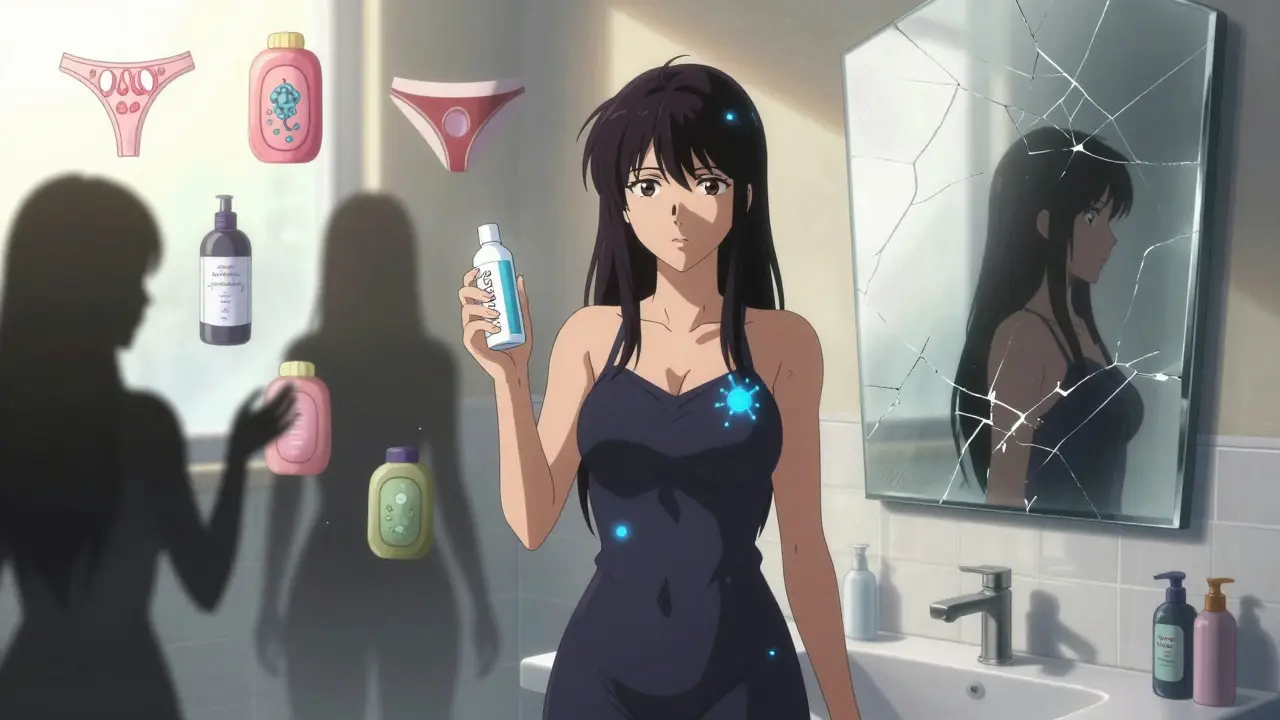 A woman holding antifungal and probiotic products, with toxic products dissolving behind her, glowing with protective light.