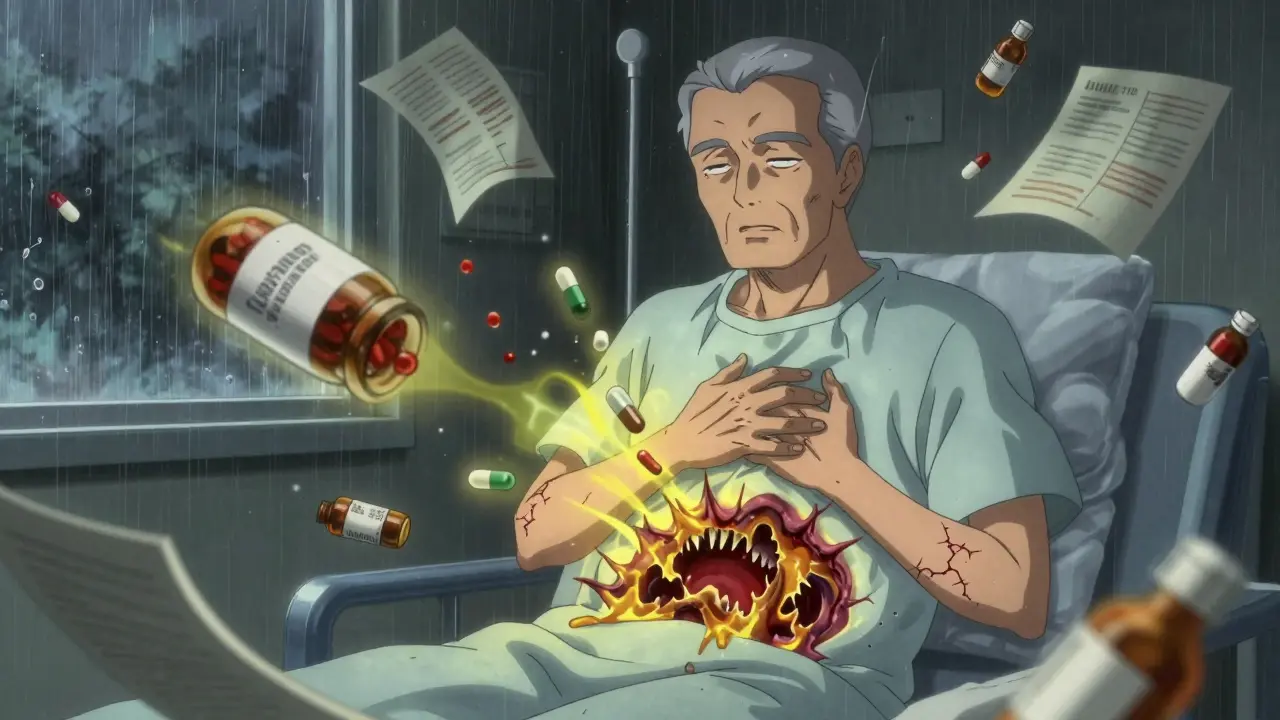An elderly man in hospital with a monstrous drug combination erupting from his body, medical charts floating around.