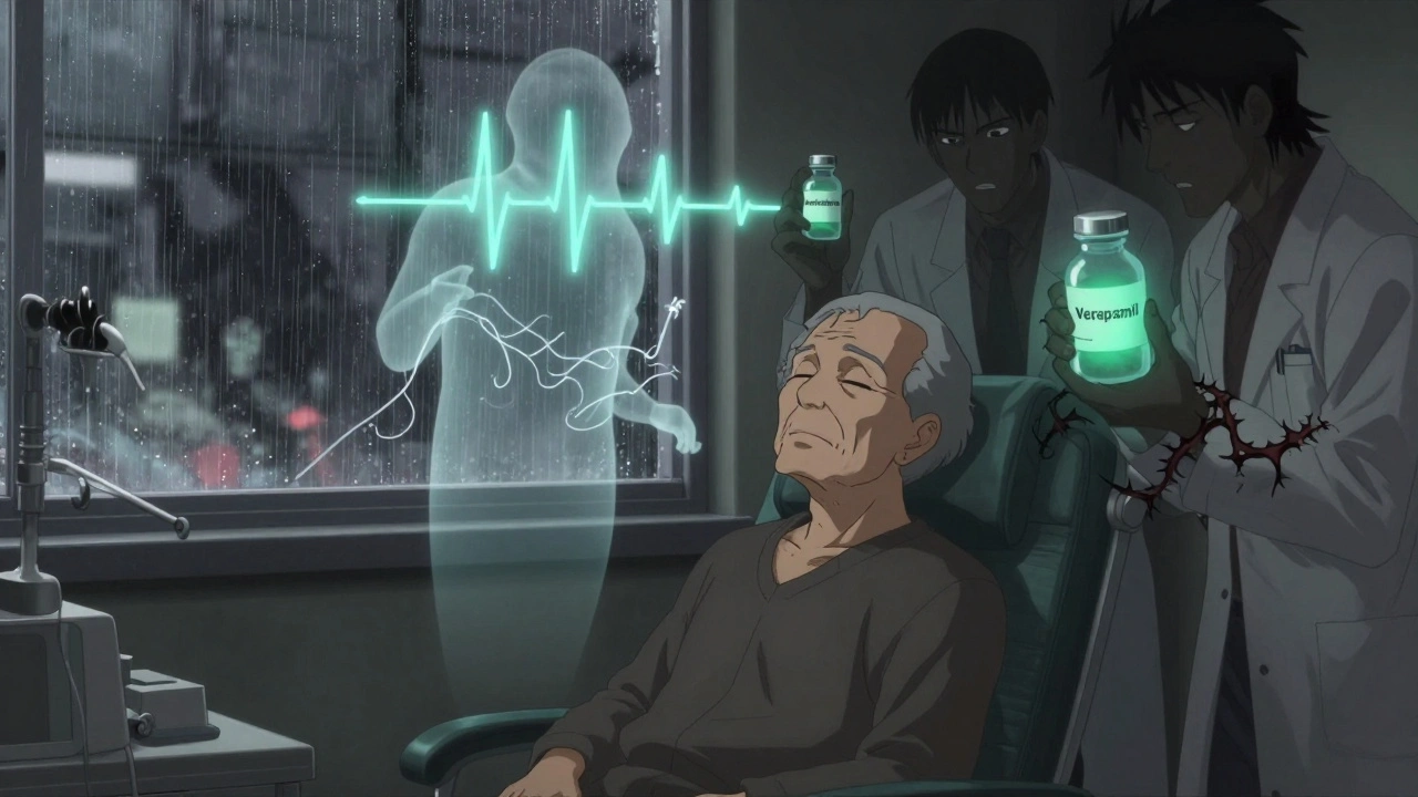 An elderly patient with a haunting ECG monitor showing a dangerously stretched PR interval.